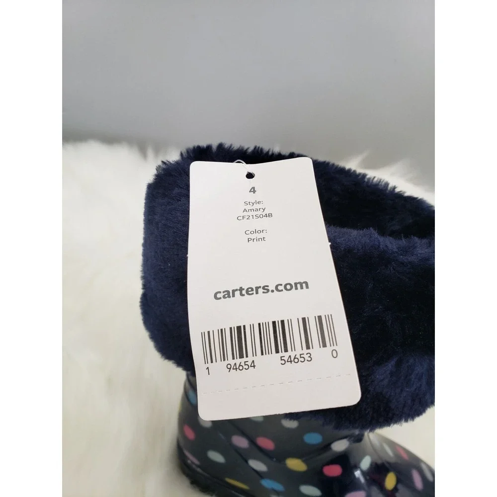 NEW - WARM Carter's Amary Baby Raining Boots Size 4 Girl NEW Polka Dot Navy Blue